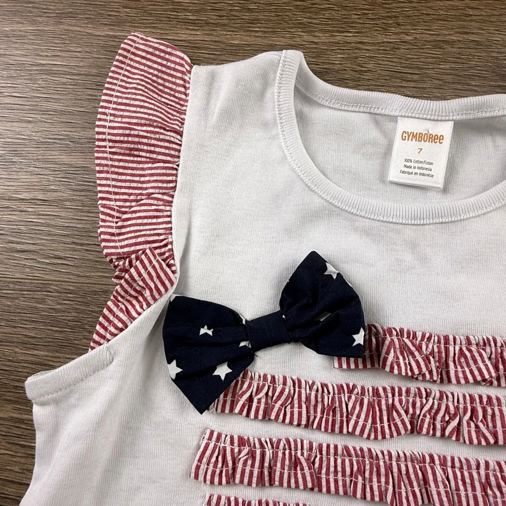 Gymboree Girls White Patriotic Ruffle Bow Sleeveless Top 7 NWT American Flag
